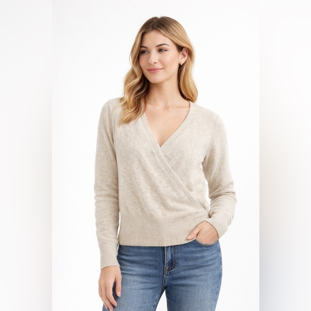 Hinge Oatmeal Faux Wrap Sweater Soft Wool Blend V-Neck Size S